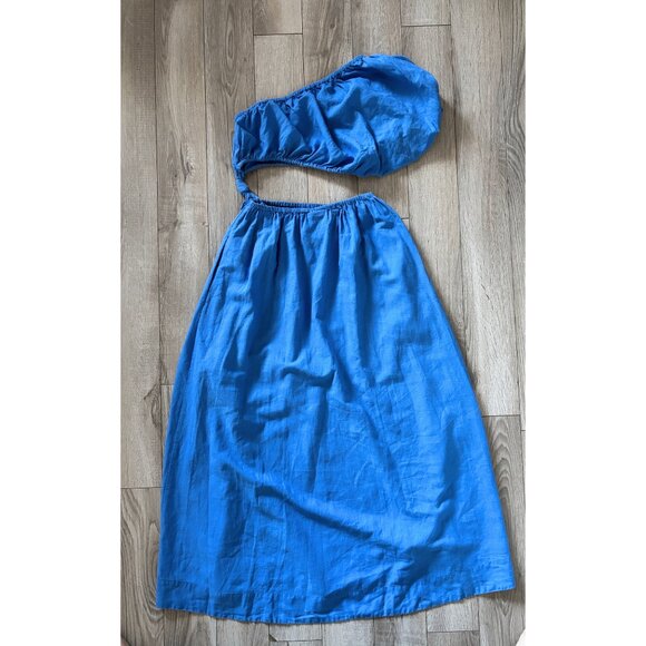 Farm Rio One Shoulder Cutout Blue Linen Maxi Dress Womens XS Coastal Boho - Picture 10 of 16